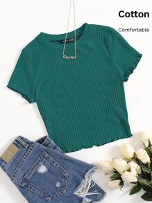 SHEIN EZwear Solid Lettuce Trim Rib-knit Tee - Dark Green - View 6