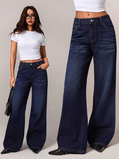 Forever 21 春夏女士情人节休闲复古节日乡村音乐会早午餐返校俱乐部外出宽松牛仔裤女士牛仔裤蓝色水洗低腰宽松阔腿 Y2k 牛仔裤