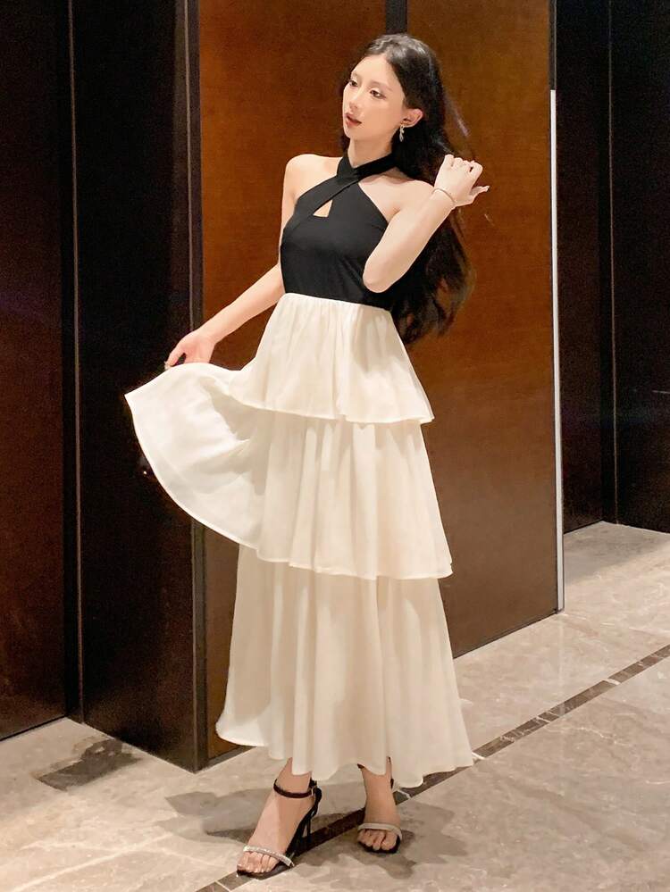 Women's Elegant Color Block Open Back Halter Dress Prom Dress Sundress