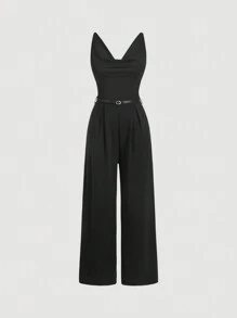 SHEIN MOD 大码黑色优雅垂坠领口系带阔腿连体裤，通勤装 - 黑色 - 查看 1