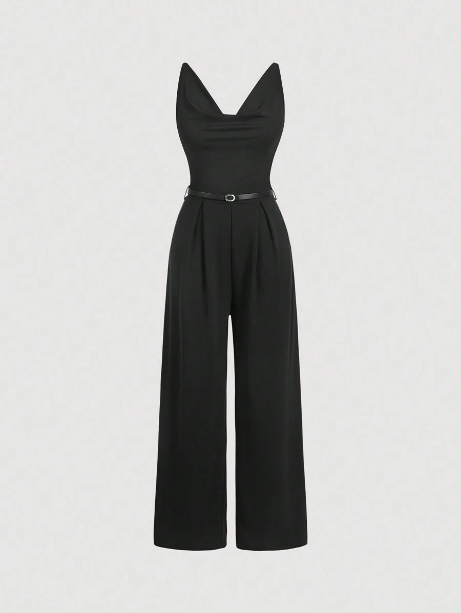 SHEIN MOD 大码黑色优雅垂坠领口系带阔腿连体裤，通勤装 - 黑色 - 查看 1