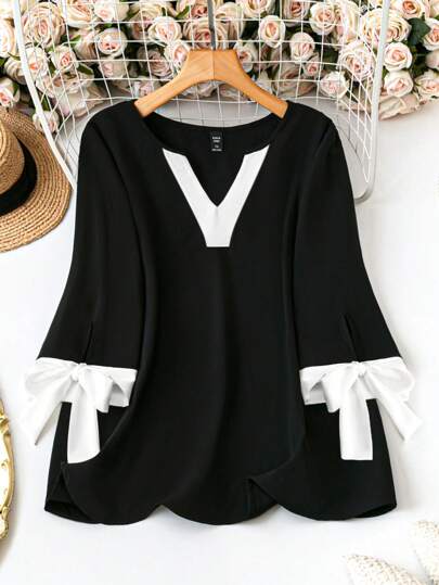 SHEIN LUNE 优雅通勤和度假休闲宽松 V 领拼色短袖女式大码衬衫，黑色和白色，百搭，春夏秋季