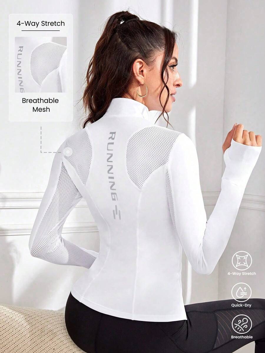 Easithlete Letter Graphic Thumbholes Zip Up Sports Jacket Light Jacket