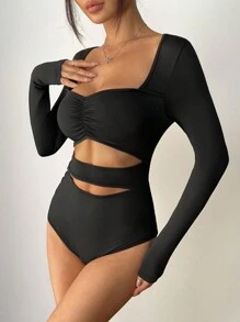 SHEIN PETITE Women's Solid Sheer Front Ruched Long Sleeve Bodysuit, Spring