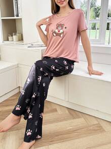 Dream Adore 可爱熊足迹卡通印花女士睡衣套装