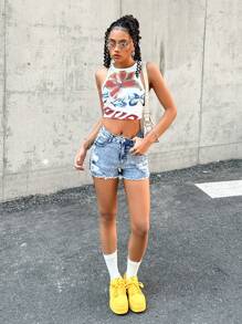 SHEIN Quần short denim cạp thấp màu xanh dương phong cách Y2K dành cho nữ tuổi teen, trang phục thường ngày mùa xuân hè, nhiều túi hộp, quần short denim cá tính đường phố. - Rửa nhẹ - Xem 4
