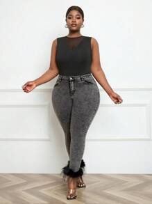 SHEIN EZwear Plus Fuzzy Trim Skinny Jeans - Black - View 6