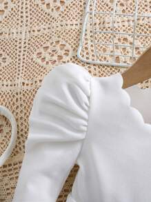 SHEIN Leap Crew Đầm dài tay cổ gợn sóng màu trắng đáng yêu cho bé gái, mùa thu/đông - trắng - Xem 3