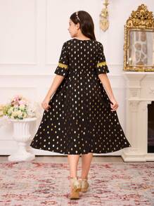 SHEIN Vestido midi con cuello en V, de lunares negros y dorados, encaje, mangas farol y cintura ceñida para niñas preadolescentes, Noble & Vibe, uso diario (se vende por separado, 3 piezas de conjuntos a juego/para hermanos)