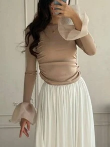女士时尚优雅喇叭袖褶饰修身衬衫 - 杏色 - 查看 3