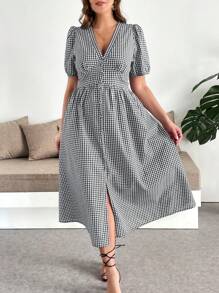 SHEIN Clasi Plus Size V-Neck Gingham Print Short Sleeve Split Casual Midi Dress Casual Dresses For Woman Casual Dresses For Woman Women Midi Dresses Women Clothing Summer Dresses Country Concert Outfit Beachwear Vacation Rave Outfits Festival Beach Dresses Beach Vacation Outfits Graduation Outfit Casual Summer Outfits For Women Concert Beachwear Summer Outfits For Women - Black and White - View 8