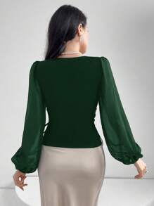 Heiryn Women's Elegant Emerald Green Blouse With Sheer Puff Lantern Sleeves And Lace-Up Detail - Dark Green - View 2