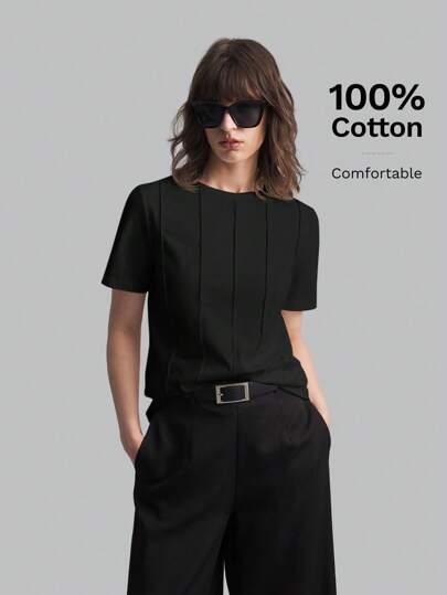 Ontre 2025 New Women's T-Shirt, Women's Solid Color Minimalist Daily Round Neck Short Sleeve T-Shirt, Black Short Sleeve Casual Loose T-Shirt, Suitable For Valentine's Day, Summer Clothing, Business Casual Women's Clothing, Women's Vacation Beach Birthday Party Outfit, Women's Teacher Uniform, Basic Top, Back To School, 2026 Spring/Summer, Valentine's Day, Christmas, Thanksgiving, Fashion Versatile Women's T-Shirt