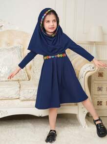 SHEIN Ramadan Young Girl Ruffled Long Sleeve Dress & Headscarf 2 Pieces Set, Traditional Style, Spring/Summer - Navy Blue - View 4