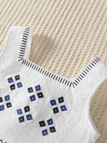 女婴自然风套装，夏季时尚米色刺绣上衣和裙子 - 米色 - 查看 4