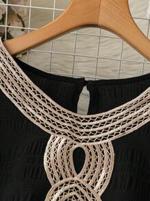 SHEIN LUNE 大码女式休闲 A 字形纹理面料盖袖圆领连衣裙 - 黑色 - 查看 5