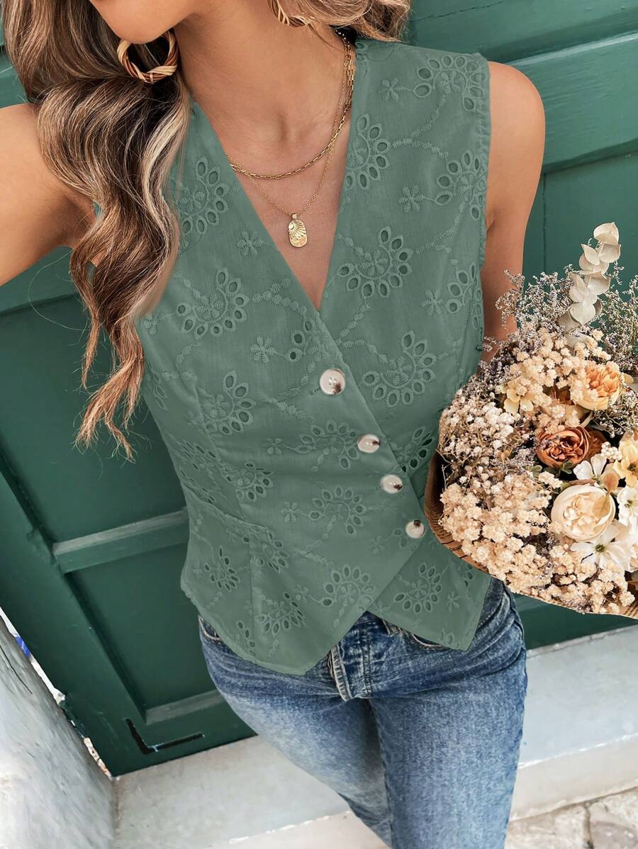 SHEIN Frenchy 女士纯色无袖衬衫，休闲时尚，适合日常穿着 - 綠色 - 查看 1