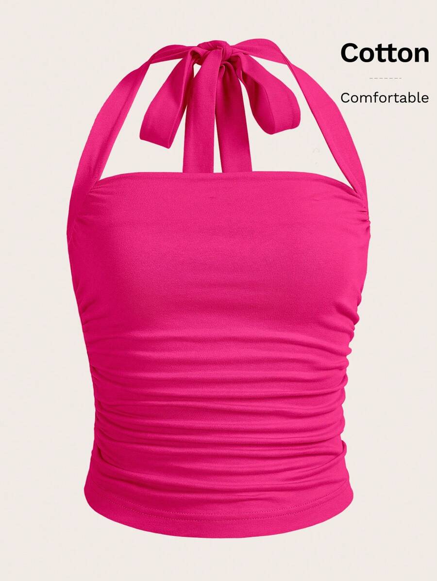 SHEIN EZwear Summer Outfits Solid Ruched Halter Top