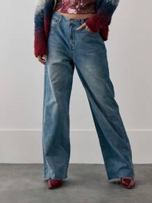 MUSERA 低腰毛边印花直筒牛仔裤，90年代Y2K风格，可爱性感，适合夏季街头风、晚宴派对等场合，优雅百搭。 - 中等水洗藍 - 查看 2