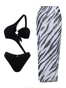 SHEIN Swim 2 piezas Conjunto de ropa de playa de verano con un traje de baño de una pieza sexy con diseño calado + falda con estampado de cebra
