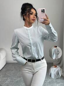 Elenzga Blusa holgada de mujer de manga larga, cuello alto y frente abierto, con diseño de rayas, elegante y de moda