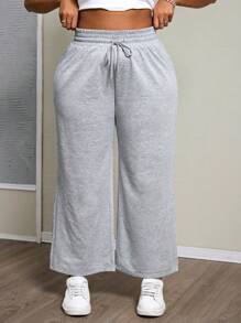 SHEIN PETITE CURVE Calça de moletom plus size cinza primavera sólida com cordão na cintura