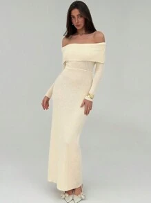 Aloruh Minimalist Apricot Off Shoulder Long Sleeve Bodycon Maxi Spring Sweater Dress For Women - Apricot - View 5