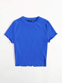 SHEIN EZwear 素色小褶邊羅紋針織T恤 - 寶藍色 - 查看 5