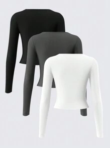 SHEIN BASICS 3 chiếc áo thun nữ cổ tròn tay dài dệt kim màu trơn ôm vừa vặn - màu đen - Xem 2