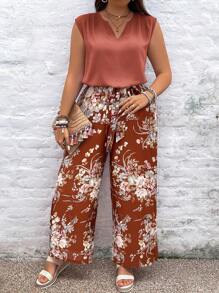 SHEIN VCAY Plus Size Boho Holiday Jednolity Kolor Wycięty Dekolt w Serek Bluzka i Spodnie Szerokie Nogawki Z Nadrukiem Kwiatowym 2 Części Zestaw, Na Lato