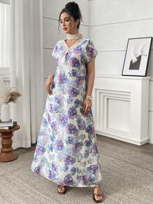 Yasmyna Vestido largo elegante de mujer con estampado floral todo sobre todo y bordado, de estilo tradicional turco y árabe