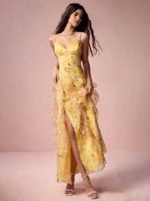 Enchnt 春夏浪漫女士黄色花卉印花细肩带欧根纱开衩连衣裙，甜美优雅性感太阳裙，适合婚礼季节、节日、度假、甜蜜约会和毕业季节，女士夏季服装，优雅连衣裙 - 黃色 - 查看 3