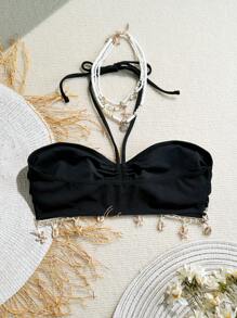 Swim Vcay 1 pieza Parte superior de traje de baño para mujer con cuello de halter y tela acanalada, con diseño de elementos oceánicos y borlas, casual y cómodo para las vacaciones en la playa - Negro - Ver 2