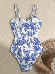 SHEIN Tween Girl Blue & White Floral Print Vintage Style Knit Camisole With Front Gathers, Tie-Front Bow, Waist Drawstring, Beach Resort Casual Swimsuit