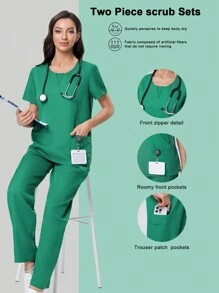Scrubzie Women's Solid Color Pocket Wrinkle-Resistant Short Sleeve Shirt And Pants /Nursing Scrub Uniform Set - Green - View 1
