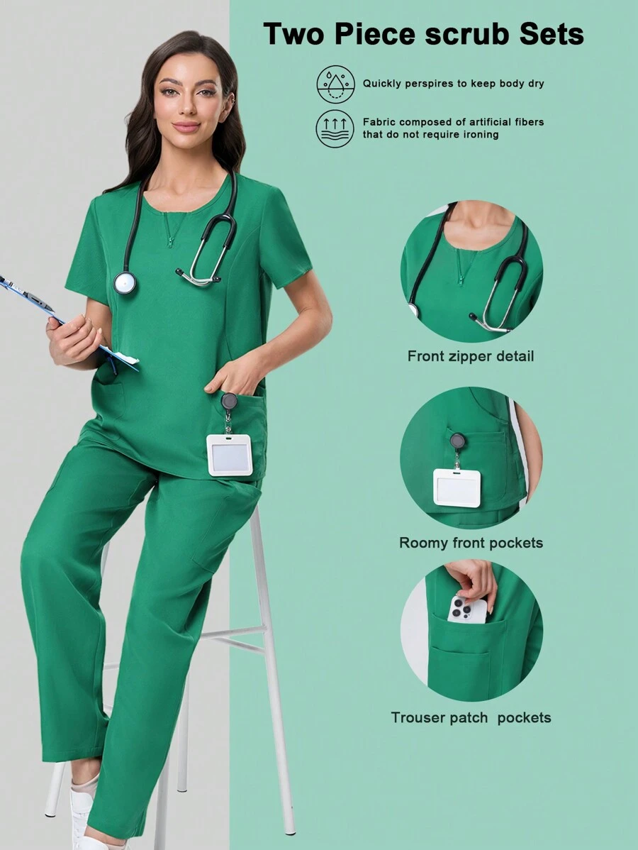 Scrubzie Women's Solid Color Pocket Wrinkle-Resistant Short Sleeve Shirt And Pants /Nursing Scrub Uniform Set - Green - View 1