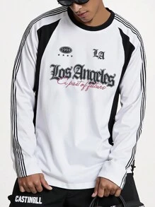 Manfinity EMRG Men's Alphanumeric Print Loose Knit White Long-Sleeved Sweatshirt, For Out, For Friends - Black and White - View 1