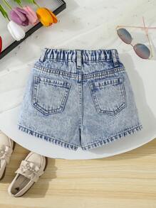 SHEIN Explorewe Young Girl' Fashionable Riveted Denim Shorts, Versatile & Snug Fit - Light Wash - View 2