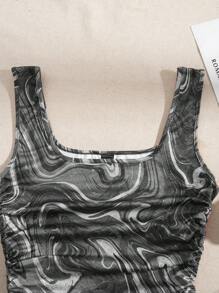 SHEIN EZwear 女式黑白图案印花抽绳腰无袖针织连衣裙 - 黑色 - 查看 2