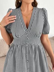 SHEIN Clasi Plus Size V-Neck Gingham Print Short Sleeve Split Casual Midi Dress Casual Dresses For Woman Casual Dresses For Woman Women Midi Dresses Women Clothing Summer Dresses Country Concert Outfit Beachwear Vacation Rave Outfits Festival Beach Dresses Beach Vacation Outfits Graduation Outfit Casual Summer Outfits For Women Concert Beachwear Summer Outfits For Women - Black and White - View 6