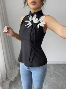 Chiquease Ärmellose Damen Bluse mit einfarbigem 3D Blumendekor im neuen chinesischen Stil