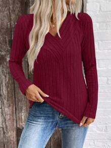 EMERY ROSE LUNE V-Neck Brushed Ribbed Women Top, New Cross-Border Trading Autumn/Winter Collection Fall Cloth For Women - Burgundy - View 5
