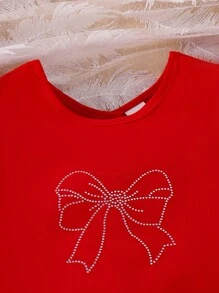 2pcs/Set Young Girl Red Bow Rhinestone Cap Sleeve Vest Top & Shorts Set, Cute Refreshing Summer Outfit - Red - View 5