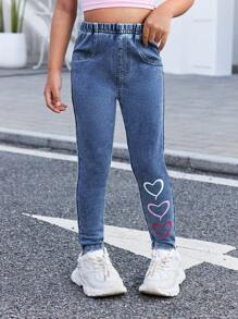 SHEIN Young Girl Y2K Colorful Heart Print Stretchy Denim Snug Fit Pants, Kid Girls Spring And Summer Casual Vacation Hobo Wear