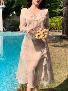 DAZY Women Fall Plant Print V-Neck Flare Sleeve Ruffle Trim Vacation Chiffon Dress Long Sleeve Dress