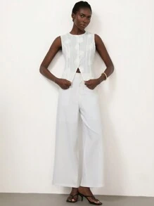 SHEIN Privé 2pcs/Set Women's Elegant Commuter Hollow-Out Sleeveless Sexy Cinched Waist Wide Leg Pants Suit - White - View 3