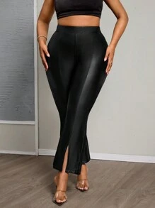 SHEIN PETITE CURVE 大码女式纯色高腰 PU 皮革开衩下摆时尚紧身裤 - 黑色 - 查看 4