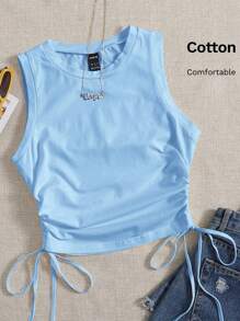 SHEIN EZwear Women's Solid Color Round Neck Side Drawstring Casual Knit Tank Top