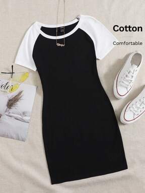 SHEIN EZwear 拼色插肩袖包臀洋裝