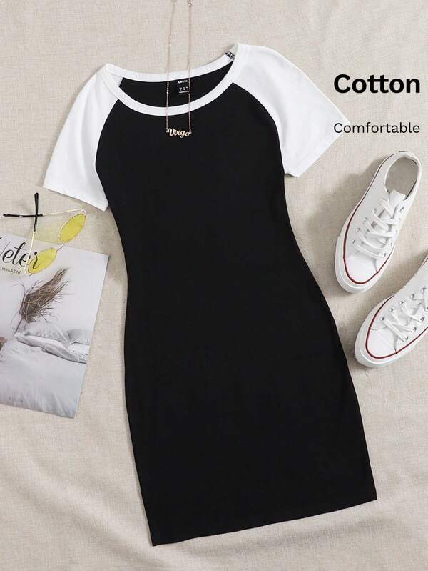 SHEIN EZwear Colorblock Raglan Sleeve Bodycon Dress